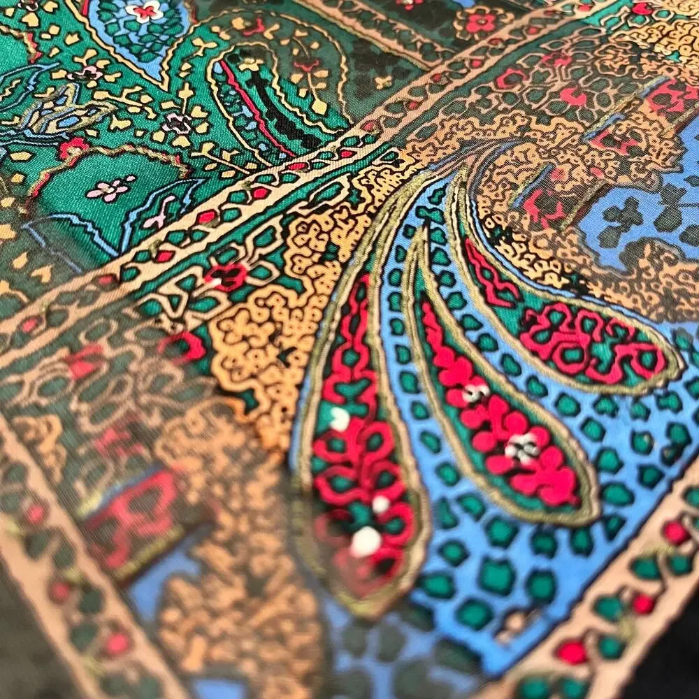 Oscar de la Renta Vintage Jewel Tone Paisley Metallic Gold Silk Fringe Scarf